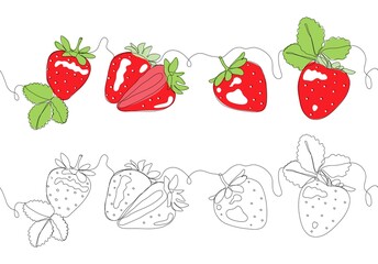 Red strawberry. One line seamless border isolated on white background