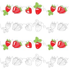 Red strawberry. One line seamless pattern isolated on white background