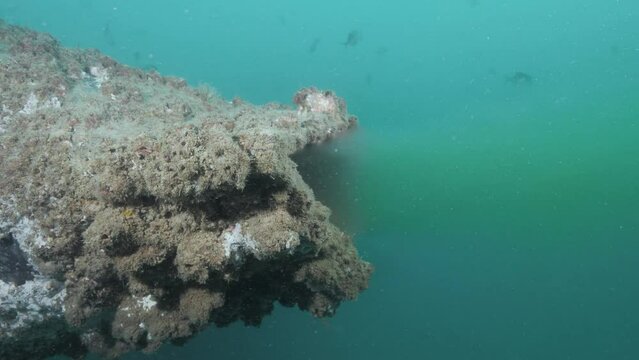 Discharge of treated wastewater from an underwater sewerage pipe into the ocean close to a city beach.