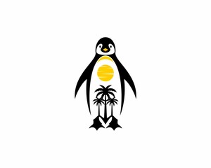 Cute penguin with palm tree in the middle