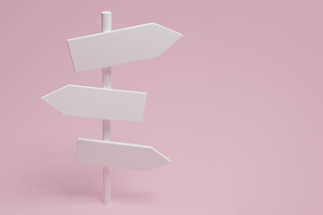 White directions sign on pink background. 3d rendering