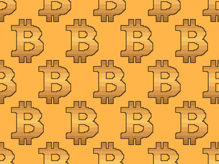 Bitcoin sign seamless pattern in pixel art style. 8-bit Bitcoin sign from pixels in 2d isolated on golden background. Cryptocurrency, blockchain. Vector illustration