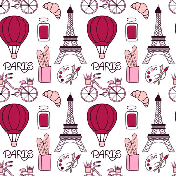 Paris lifestyle vector seamless pattern with perfume, balloon, package with baguettes, Eiffel Tower, croissant and bike with flowers