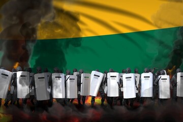 Lithuania police swat in heavy smoke and fire protecting government against demonstration - protest fighting concept, military 3D Illustration on flag background