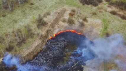 Wild Open Fire Destroys Grass. 4K Aerial View Spring Dry Grass Burns During Drought Hot Weather. Bush Fire And Smoke. Ecological Problem Air Pollution.