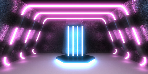 3D abstract background with neon lights. neon tunnel  .space construction . .3d illustration