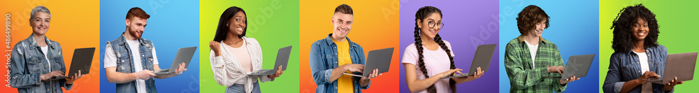 Aufkleber set of happy multiethnic people of different ages with laptops posing over colorful backgrounds, col