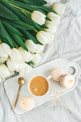 Breakfast in bed, cup of cappuccino, flowers, spring, woman's day