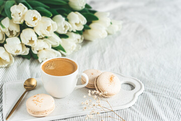 Breakfast in bed, cup of cappuccino, flowers, spring, woman's day
