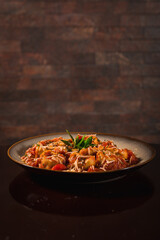 Perfect Pasta Classic Pizza Homemade Artisan Bacon Tomato Sauce Sausage Sweet Melted Cheese Onion Chicken Meat Shrimp Menu Gourmet on a Dark Background