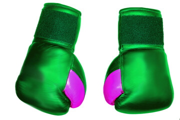 Green boxing gloves close up, isolated. Sports equipment.