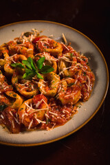 Perfect Pasta Classic Pizza Homemade Artisan Bacon Tomato Sauce Sausage Sweet Melted Cheese Onion Chicken Meat Shrimp Menu Gourmet on a Dark Background