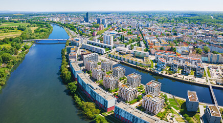 Beautiful view of the port in Offenbach in summer from above.