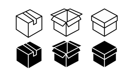 Box Icon Set. Black and white icon set of boxes illustration