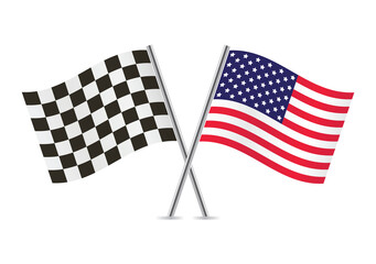 Checkered (racing) and America crossed flags, isolated on white background. Vector icon set. Vector illustration.
