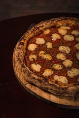 Perfect Pasta Classic Pizza Homemade Artisan Bacon Tomato Sauce Sausage Sweet Melted Cheese Onion Chicken Meat Shrimp Menu Gourmet on a Dark Background