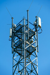 Telecommunication concrete tower with antennas. LTE, GSM, 2G, 3G, 4G, 5G tower of cellular communication