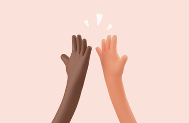 High five 3d cartoon hands vector illustration. Multiethnic friendship. Peace no war multi ethnic hands relationship © Oleg