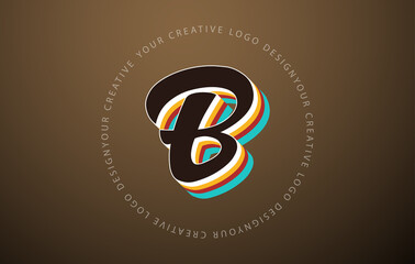 Letter B logo with retro pop art design. Handwritten letter with vintage typeface and rounded text frame.