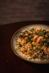 Perfect Pasta Classic Pizza Homemade Artisan Bacon Tomato Sauce Sausage Sweet Melted Cheese Onion Chicken Meat Shrimp Menu Gourmet on a Dark Background