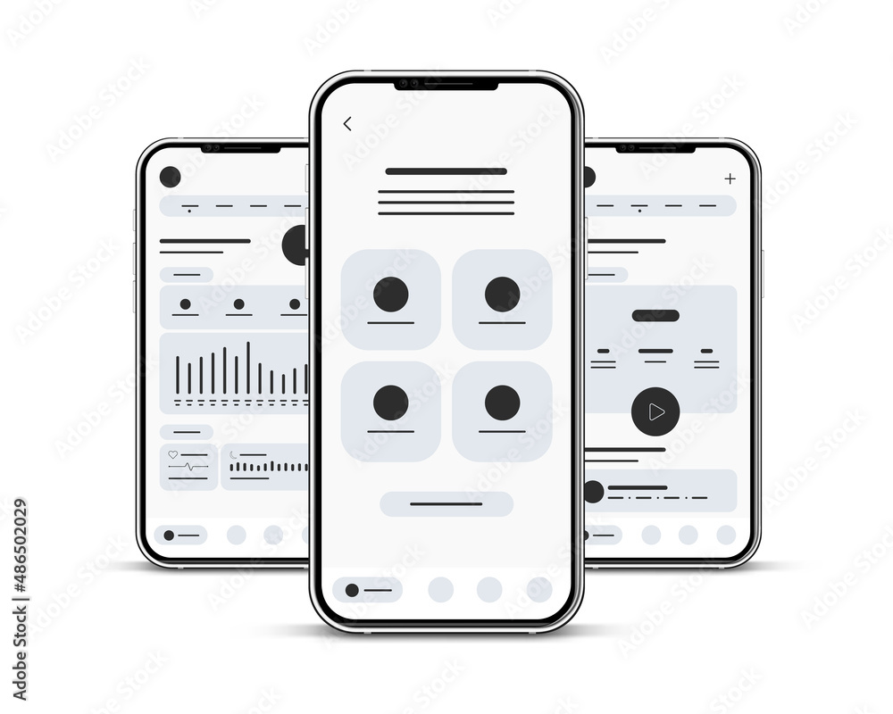 Aufkleber Set of UI UX Wireframes with 3d realistic smartphones, GUI screens any app flat design template for mobile apps, responsive website application wireframes. Web design UI kit.
