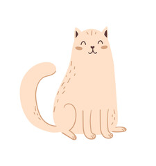 The cute white cat is sitting. Vector illustration in a flat style.