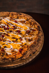 Perfect Pasta Classic Pizza Homemade Artisan Bacon Tomato Sauce Sausage Sweet Melted Cheese Onion Chicken Meat Shrimp Menu Gourmet on a Dark Background