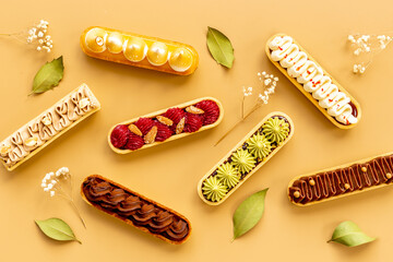 Bakery banner background of eclairs colorful topping