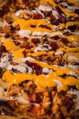 Perfect Pasta Classic Pizza Homemade Artisan Bacon Tomato Sauce Sausage Sweet Melted Cheese Onion Chicken Meat Shrimp Menu Gourmet on a Dark Background