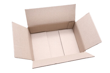 Open empty cardboard box on a white background. Isolated. Rectangular box.