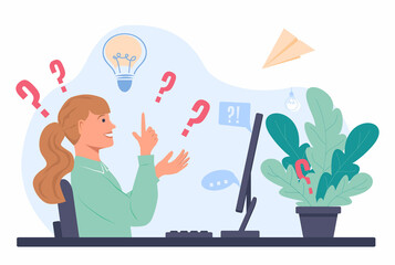 Girl is sitting in front of a computer, she has a question. Woman has an idea to solve the problem. Concept of creative thinking. Vector illustration in flat style