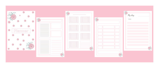 A set of templates for a weekly, monthly and daily planner, notepad, diary. A4 format ready for printing. An empty page of a separate sheet with roses.