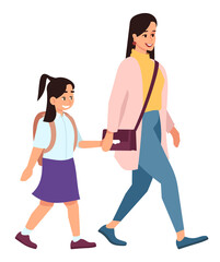Evening stroll with mother semi flat RGB color vector illustration. Excited little schoolgirl holding hands with mom isolated cartoon characters on white background