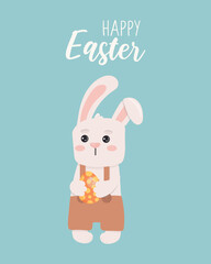 Greeting card with Easter bunny holding egg. Vector illustration. Happy Easter!