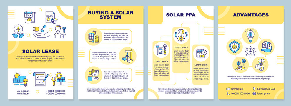 Ways to get solar energy yellow brochure template. Sustainable power. Leaflet design with linear icons. 4 vector layouts for presentation, annual reports. Arial-Black, Myriad Pro-Regular fonts used