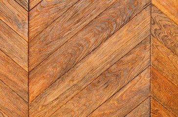 A beautiful texture of oak slats arranged diagonally in a herringbone pattern.