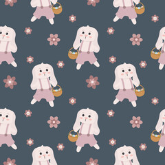 Seamless pattern with bunny with basket and flowers. Background for wrapping paper, greeting cards and seasonal designs. Happy Easter Day.