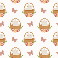 Seamless pattern with basket with easter bunny and eggs. Background for wrapping paper, greeting cards and seasonal designs. Happy Easter Day.