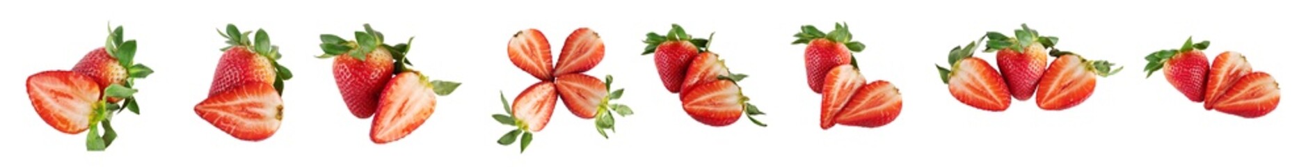 strawberries, sliced and whole strawberries, isolated on a white background