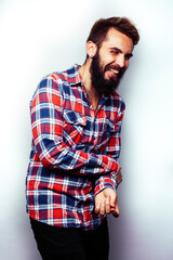 portrait of young bearded hipster guy smiling on white background close up isolated