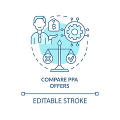 Compare PPA offers turquoise concept icon. Work of power purchase agreement abstract idea thin line illustration. Isolated outline drawing. Editable stroke. Arial, Myriad Pro-Bold fonts used