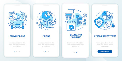 Fototapeta na wymiar PPA sales blue onboarding mobile app screen. Financial terms walkthrough 4 steps graphic instructions pages with linear concepts. UI, UX, GUI template. Myriad Pro-Bold, Regular fonts used