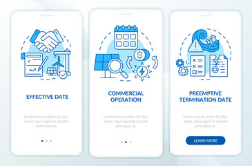 Contract timeline of PPA blue onboarding mobile app screen. Electricity walkthrough 3 steps graphic instructions pages with linear concepts. UI, UX, GUI template. Myriad Pro-Bold, Regular fonts used