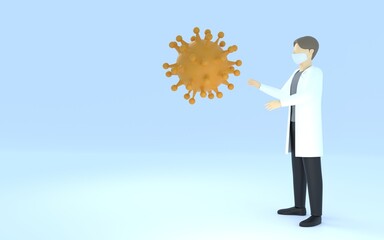 3DCG　白衣を着た医師とコロナウイルス、withコロナのイメージ