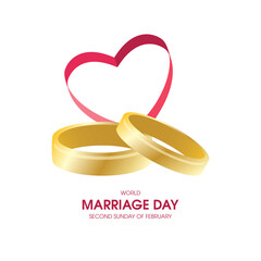 World Marriage Day vector. Golden wedding rings with pink heart shape icon vector isolated on a white background. Important day
