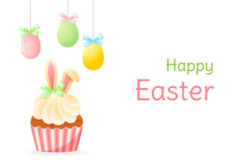 Cute Happy Easter greeting card. Gentle cartoon illustration of colorful eggs and a cupcake decorated with bunny ears. Vector 10 EPS.