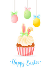 Cute Happy Easter greeting card. Gentle cartoon illustration of colorful eggs and a cupcake decorated with bunny ears. Vector 10 EPS.