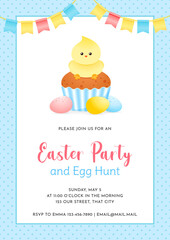Easter Party and Egg Hunt invitation. Gentle cartoon illustration of cupcake decorated with little chicken, colorful eggs and bunting flags. Vector 10 EPS.