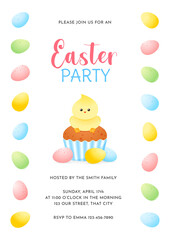 Easter Party invitation template. Gentle cartoon illustration of cupcake decorated with little chicken and colorful eggs. Vector 10 EPS.