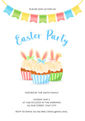 Easter Party and Egg Hunt invitation. Gentle cartoon illustration of three cupcakes decorated with bunny ears and bunting flags. Vector 10 EPS.